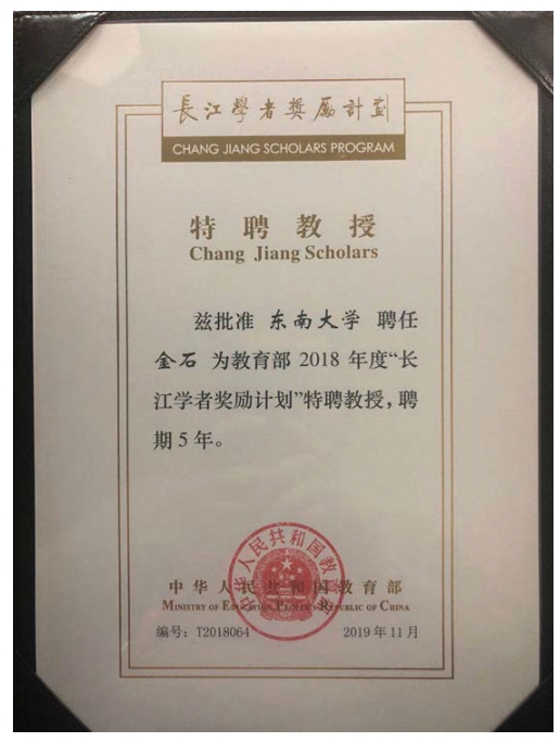 2019年，“长江学者奖励计划”特聘教授（金石），教育部