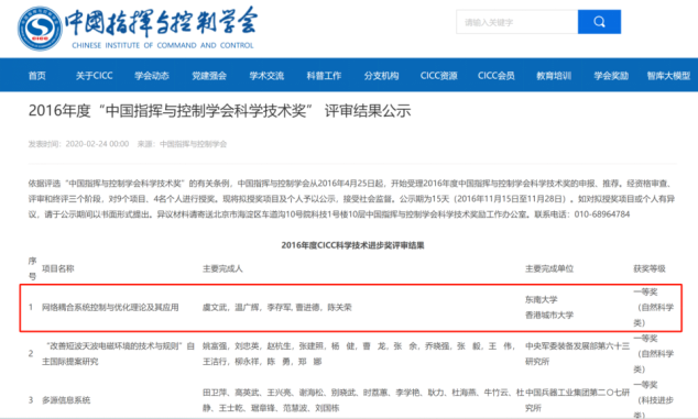 2016年，中国指挥与控制学会科学技术奖⼀等奖（排 1），中国指挥与控制学会